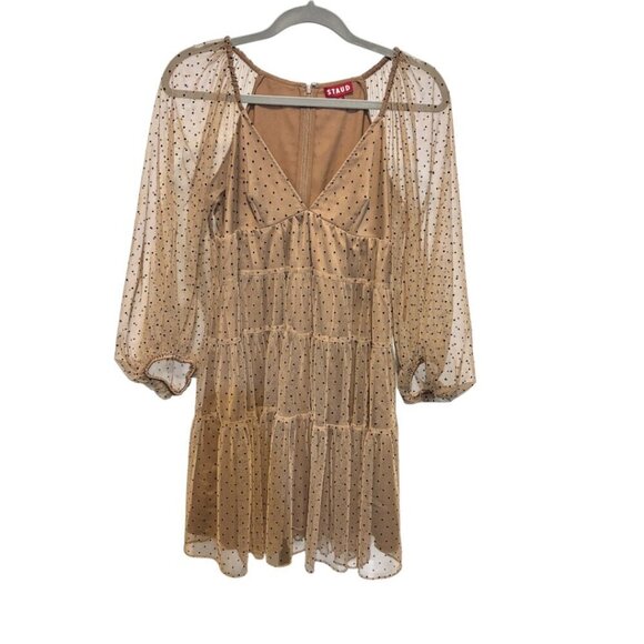 Staud Meadow Puff Sleeve Tan Black Polka Dot V Neck Tiered Dress - Picture 5 of 14